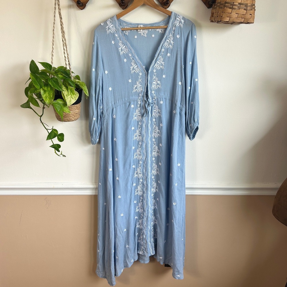 BOYADI Light Blue Embroidered Floral Maxi Dress XXL Long Sleeve V-Neck Boho